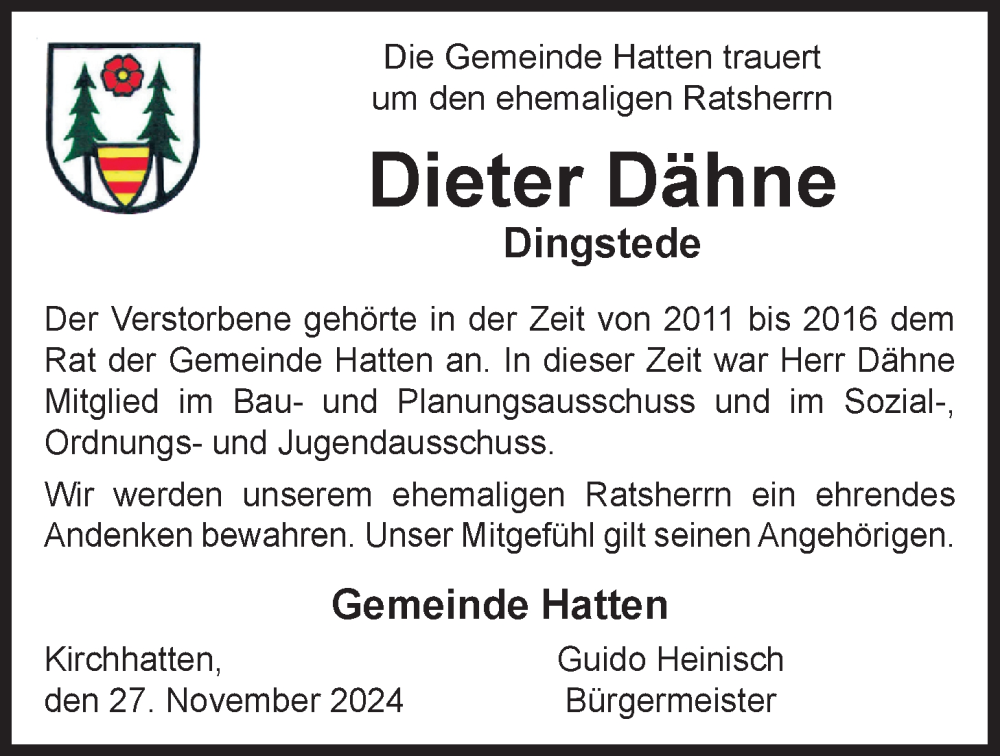  Traueranzeige für Dieter Dähne vom 30.11.2024 aus Nordwest-Zeitung