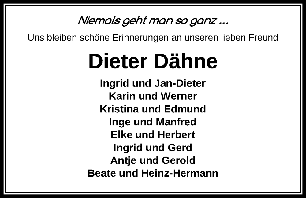  Traueranzeige für Dieter Dähne vom 30.11.2024 aus Nordwest-Zeitung