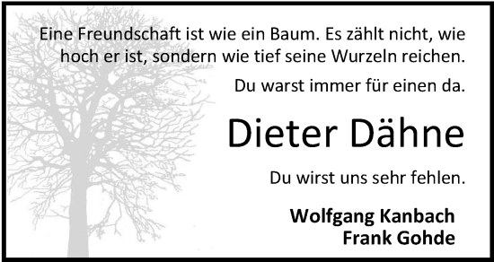 Traueranzeige von Dieter Dähne von Nordwest-Zeitung