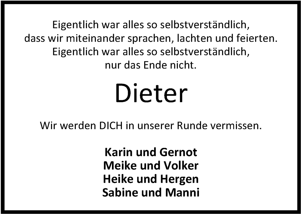  Traueranzeige für Dieter Dähne vom 30.11.2024 aus Nordwest-Zeitung