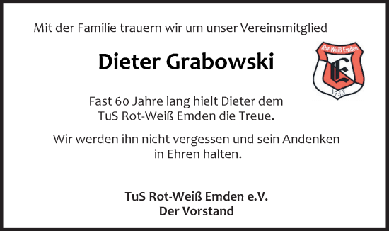 Traueranzeige von Dieter Grabowski von Emder Zeitung