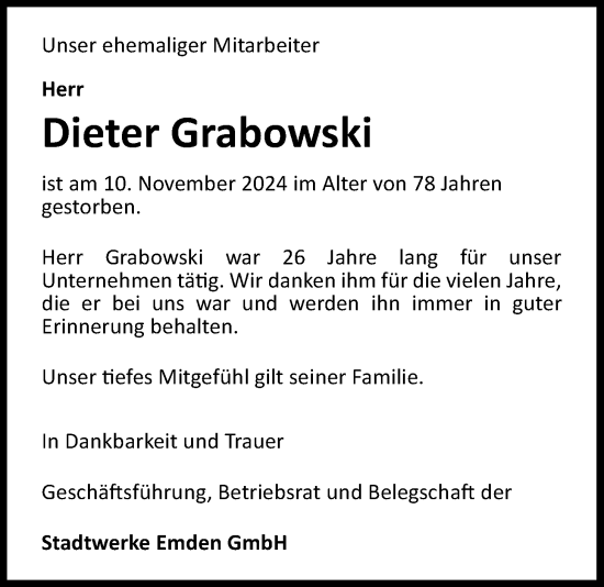 Traueranzeige von Dieter Grabowski von Emder Zeitung