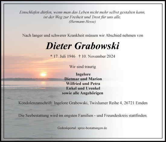 Traueranzeige von Dieter Grabowski von Emder Zeitung