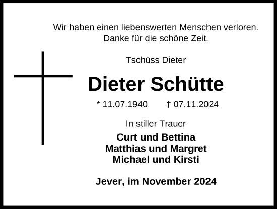 Traueranzeige von Dieter Schütte von WZ/JW/AH