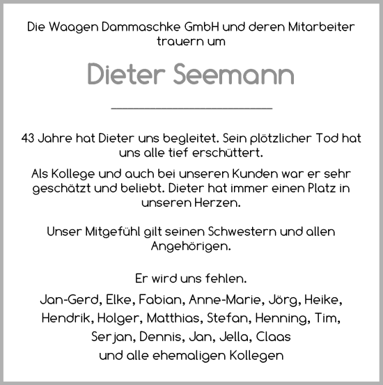 Traueranzeige von Dieter Seemann von Nordwest-Zeitung