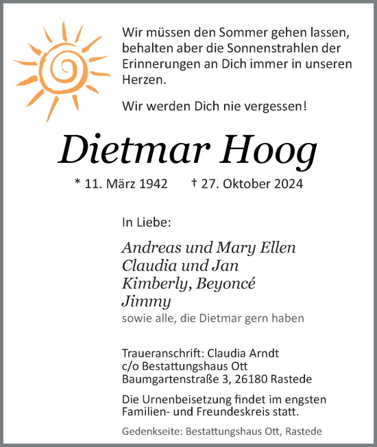 Traueranzeige von Dietmar Hoog von Nordwest-Zeitung