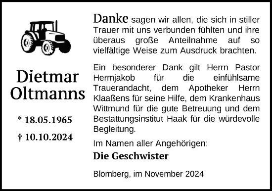 Traueranzeige von Dietmar Oltmanns von WZ/JW/AH