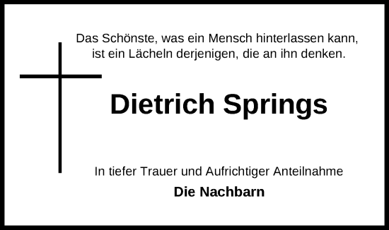 Traueranzeige von Dietrich Springs von Nordwest-Zeitung