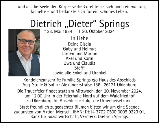 Traueranzeige von Dietrich Springs von Nordwest-Zeitung