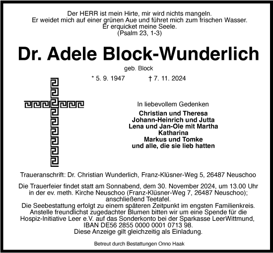 Traueranzeige von Dr. Adele Block-Wunderlich von WZ/JW/AH