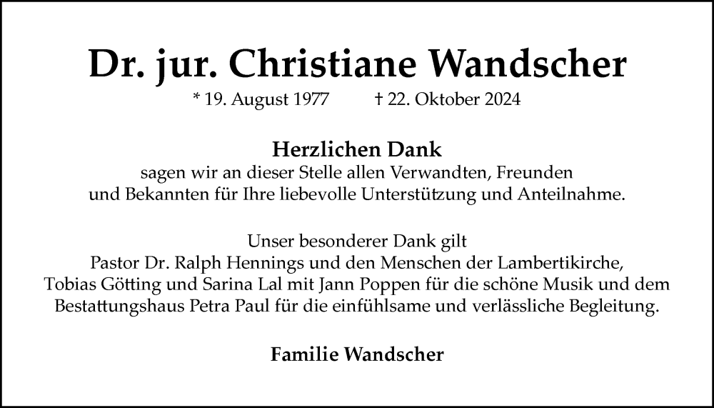  Traueranzeige für Dr. jur. Christiane Wandscher vom 16.11.2024 aus Nordwest-Zeitung