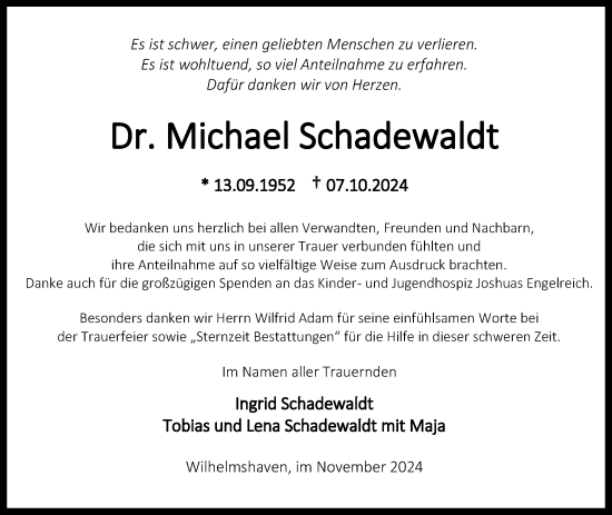 Traueranzeige von Dr. Michael Schadewaldt von WZ/JW/AH