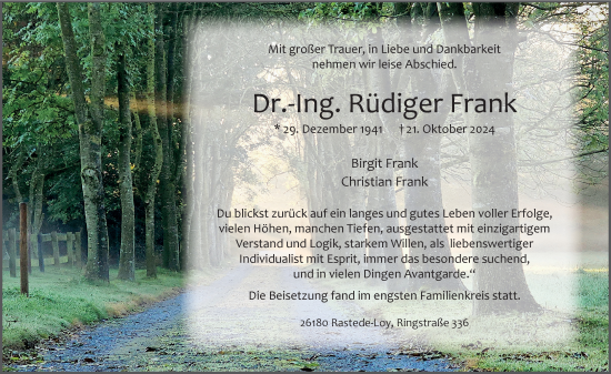 Traueranzeige von Dr. Rüdiger Frank von Nordwest-Zeitung