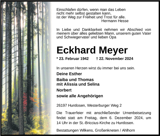 Traueranzeige von Eckhard Meyer von Nordwest-Zeitung