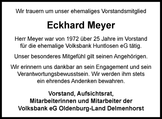 Traueranzeige von Eckhard Meyer von Nordwest-Zeitung