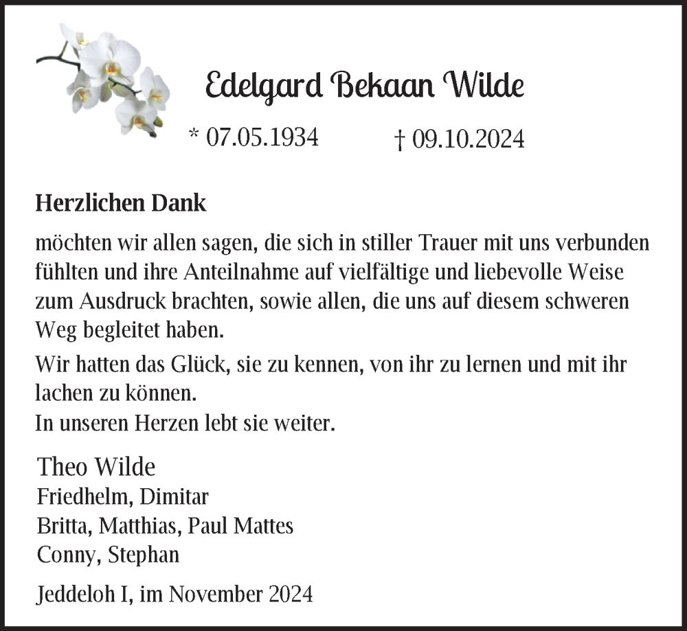  Traueranzeige für Edelgard Bekaan Wilde vom 09.11.2024 aus Nordwest-Zeitung