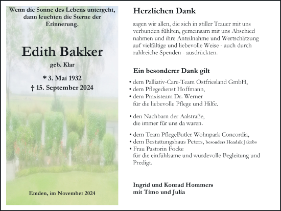 Traueranzeige von Edith Bakker von Emder Zeitung