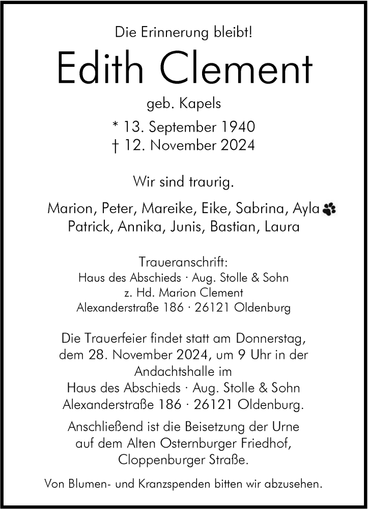  Traueranzeige für Edith Clement vom 23.11.2024 aus Nordwest-Zeitung