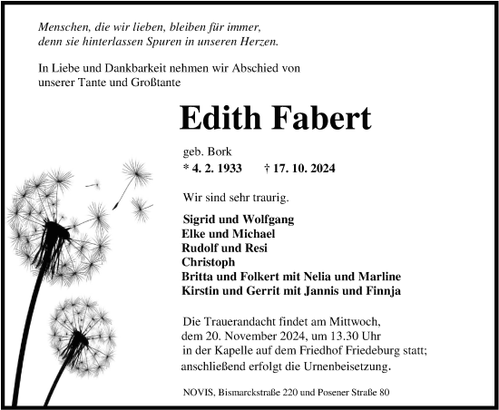 Traueranzeige von Edith Fabert von WZ/JW/AH