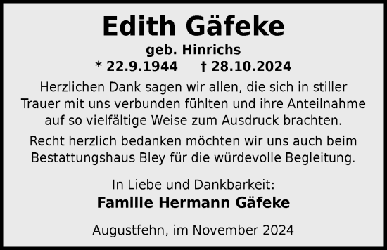 Traueranzeige von Edith Gäfeke von Nordwest-Zeitung