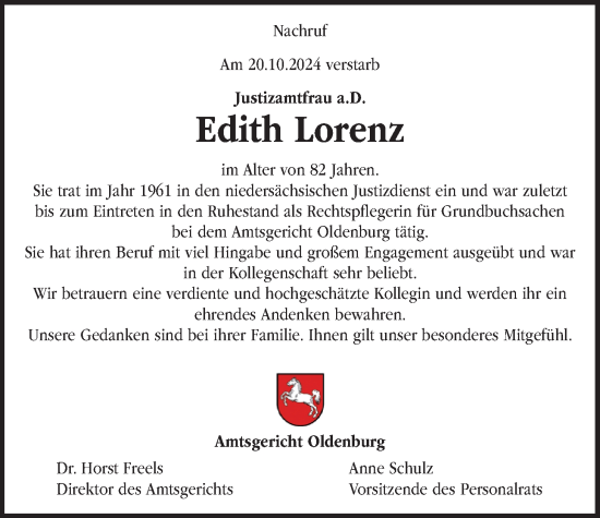 Traueranzeige von Edith Lorenz von Nordwest-Zeitung