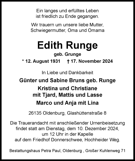 Traueranzeige von Edith Runge von Nordwest-Zeitung