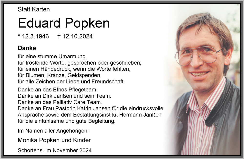  Traueranzeige für Eduard Popken vom 09.11.2024 aus WZ/JW/AH