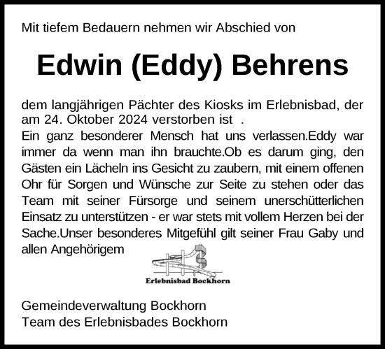 Traueranzeige von Edwin Behrens von Nordwest-Zeitung