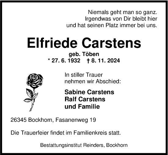 Traueranzeige von Elfriede Carstens von Nordwest-Zeitung