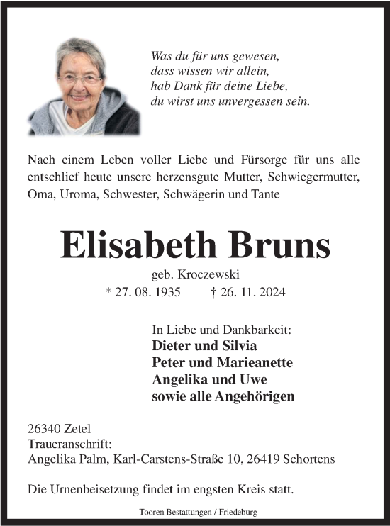 Traueranzeige von Elisabeth Bruns von WZ/JW/AH