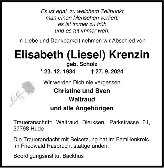 Traueranzeige von Elisabeth Krenzin von Nordwest-Zeitung