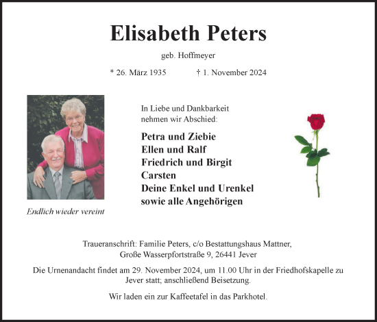 Traueranzeige von Elisabeth Peters von WZ/JW/AH