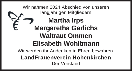 Traueranzeige von Elisabeth Wohltmann von WZ/JW/AH