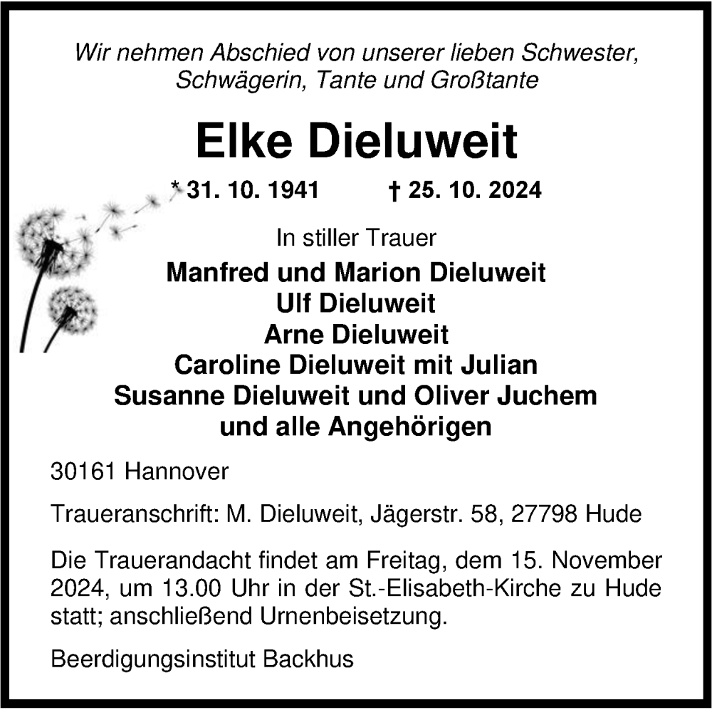  Traueranzeige für Elke Dieluweit vom 02.11.2024 aus Nordwest-Zeitung