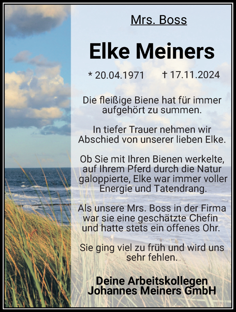  Traueranzeige für Elke Meiners vom 23.11.2024 aus Nordwest-Zeitung