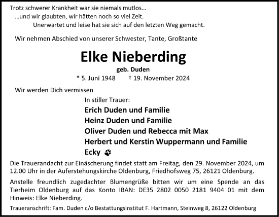 Traueranzeige von Elke Nieberding von Nordwest-Zeitung