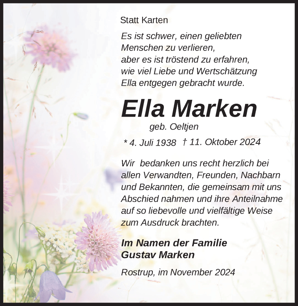  Traueranzeige für Ella Marken vom 23.11.2024 aus Nordwest-Zeitung