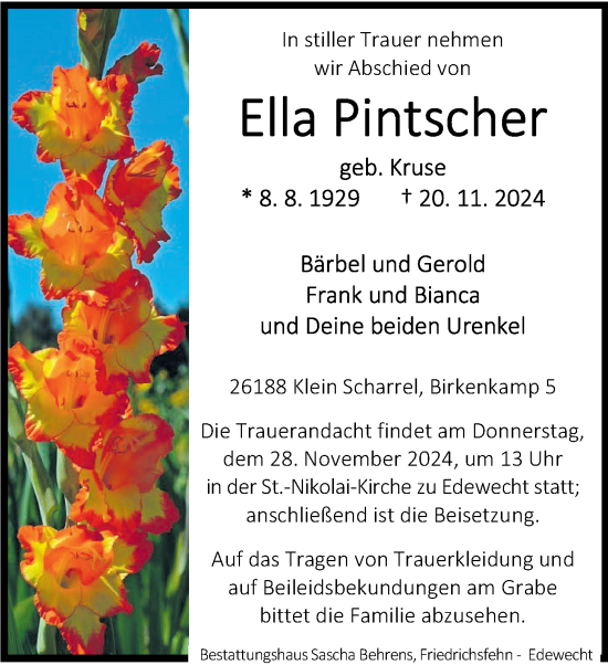 Traueranzeige von Ella Pintscher von Nordwest-Zeitung