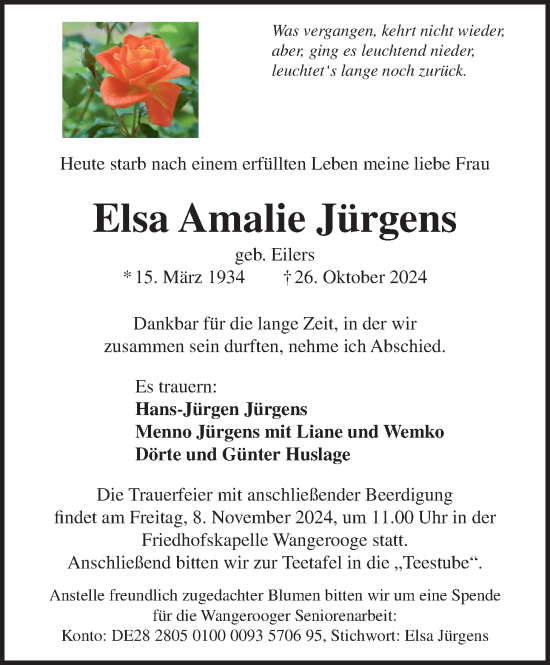 Traueranzeige von Elsa Jürgens von WZ/JW/AH
