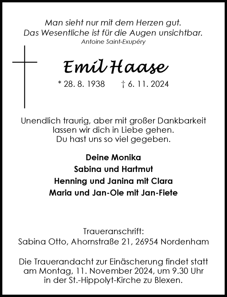  Traueranzeige für Emil Haase vom 08.11.2024 aus Nordwest-Zeitung