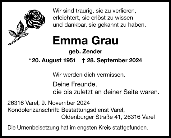 Traueranzeige von Emma Augustine Grau von Nordwest-Zeitung