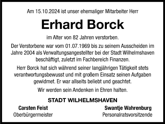 Traueranzeige von Erhard Borck von WZ/JW/AH