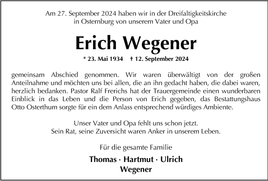 Traueranzeige von Erich Wegener von Nordwest-Zeitung