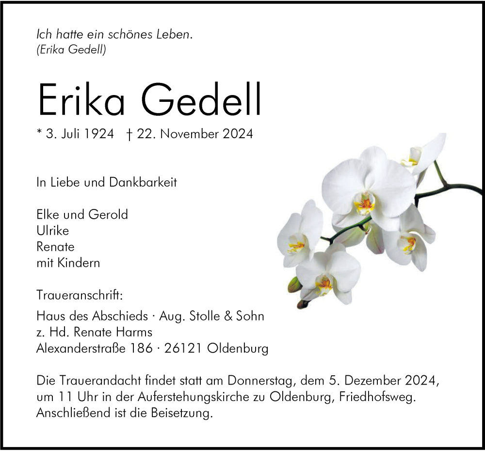  Traueranzeige für Erika Gedell vom 30.11.2024 aus Nordwest-Zeitung