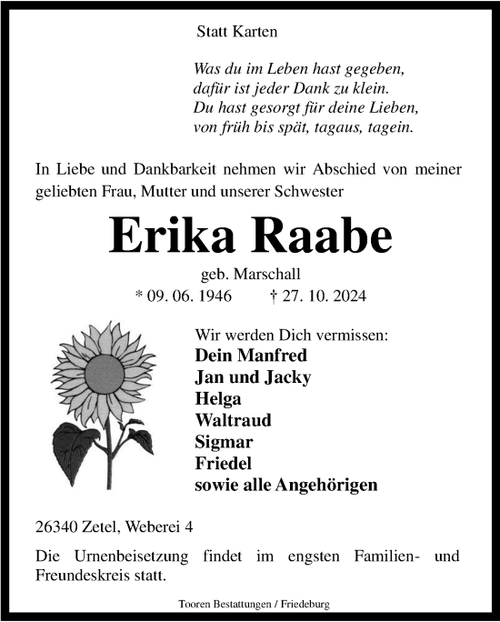 Traueranzeige von Erika Raabe von WZ/JW/AH