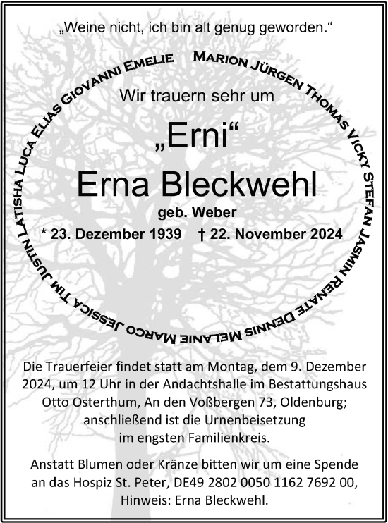 Traueranzeige von Erna Bleckwehl von Nordwest-Zeitung