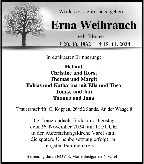 Traueranzeige von Erna Weihrauch von WZ/JW/AH