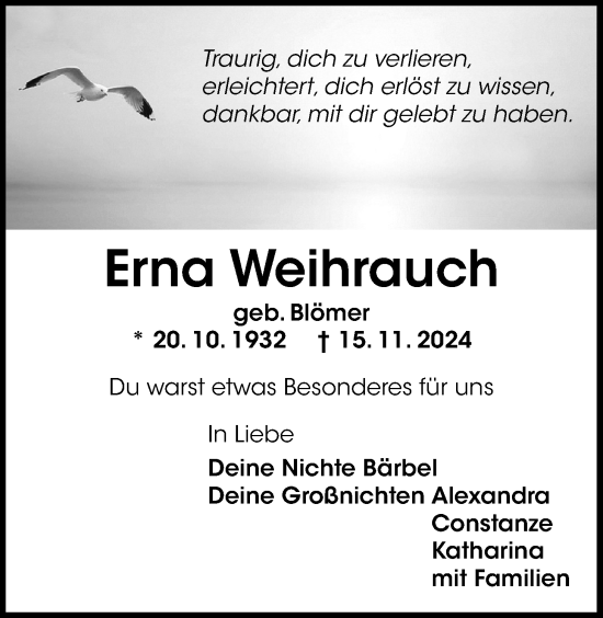 Traueranzeige von Erna Weihrauch von WZ/JW/AH