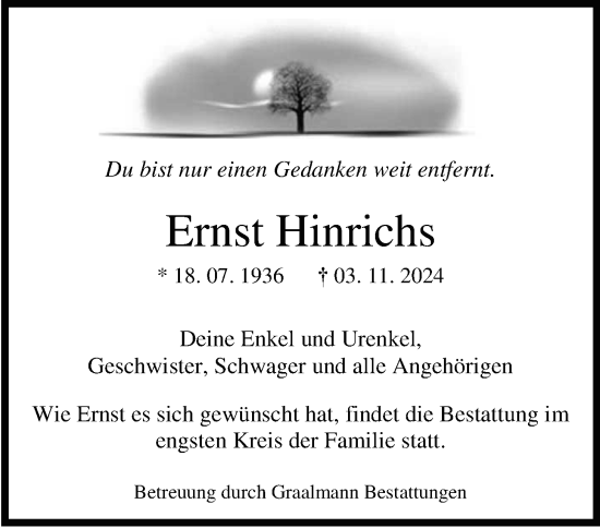 Traueranzeige von Ernst Hinrichs von WZ/JW/AH