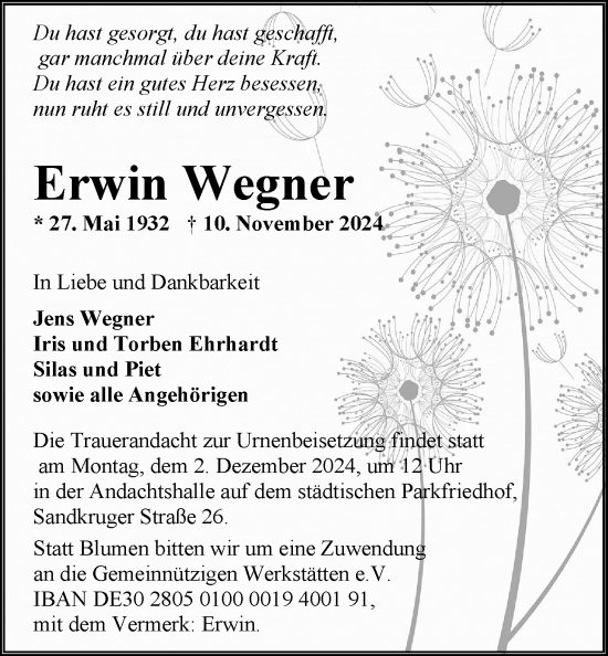 Traueranzeige von Erwin Wegner von Nordwest-Zeitung